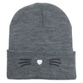 Berretto in maglia grigio con ricamo gatto a cuore bianco e risvolto caldo ed elegante - Taglia unica / Grigio Melange Medio