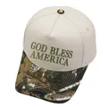 Detail of God Bless America embroidery on beige trucker hat with camouflage leaf pattern brim - M (56-58cm) / Camouflage
