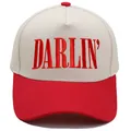 Vintage cotton trucker hat in beige and red featuring DARLIN' embroidery and curved brim - M (56-58cm) / Red/Cream (DARLIN')