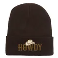 Dark brown ribbed HOWDY embroidery beanie with cowboy hat graphic for winter warmth - 54-60cm Elastic / Coffee