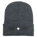 Berretto in maglia grigio scuro con ricamo cuore bianco e baffi di gatto - Taglia unica / Grigio Melange Scuro