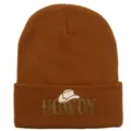 Brown knit beanie with embroidered HOWDY text and western cowboy hat design - 54-60cm Elastic / Caramel color