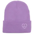 Bonnet en tricot violet clair d'hiver avec broderie cœur sourire et bord côtelé - Taille unique / Mauve Clair