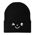 Black knit beanie with winking smiley face embroidery and thick ribbed cuff detail - 54-60cm / Black