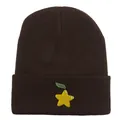 Bonnet en tricot marron foncé avec broderie d'étoile jaune et de feuille verte pour l'hiver - 54-60cm / Café