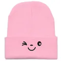 Pink knitted beanie for women featuring a cute embroidered smiley face on the front fold - 54-60cm / Pink