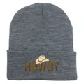 Grey knit beanie featuring HOWDY embroidery and cowboy hat graphic design - 54-60cm Elastic / Medium Heather Grey