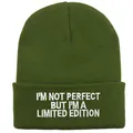 Detail der I'M NOT PERFECT Stickerei auf olivgrüner Rippstrick-Beanie-Mütze - 54-60cm Elastisch / Armeegrün