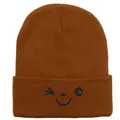 Brown knit beanie with wink smiley face embroidery and ribbed texture for winter warmth - 54-60cm / Caramel color