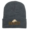 Dark grey knit beanie with white cowboy hat embroidery and brown HOWDY text on cuff - 54-60cm Elastic / Deep Heather Grey