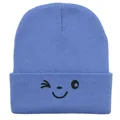 Sky blue rib-knit beanie for women featuring a black wink smiley face embroidery detail - 54-60cm / Cyan Blue
