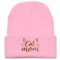Berretto in maglia rosa con ricamo Cat Mom e grazioso design a orecchie di gatto - Mamma Gatto / Rosa