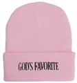 Detailansicht der pinkfarbenen Strickmütze mit schwarzer God's Favorite Bestickung - 54-60cm / Rosa