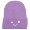 Light purple knitted beanie with white winking face embroidery for winter warmth - 54-60cm / Light Purple