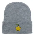 Bonnet en maille côtelée grise avec broderie étoile jaune et détail feuille verte - 54-60cm / Gris Chiné Clair