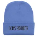 Detailaufnahme der blauen Strickmütze mit schwarzer GOD'S FAVORITE Stickerei - 54-60cm / Cyanblau