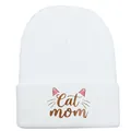 Berretto bianco lavorato a maglia Cat Mom con orecchie di gatto rosa ricamate - Mamma Gatto / Bianco