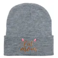Berretto grigio in maglia per donna con ricamo Cat Mom e dettagli orecchie rosa - Mamma Gatto / Grigio Melange Chiaro