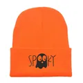 Bonnet en tricot orange Halloween avec broderie fantôme effrayant style urbain - Fantôme Orange