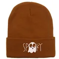 Bonnet en tricot marron avec broderie Spooky Ghost pour la mode Halloween - Fantôme Caramel