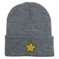 Bonnet en tricot gris foncé avec broderie étoile jaune et détail de feuille verte - 54-60cm / Gris Chiné Moyen