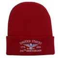 Close-up of fine embroidery on red knit beanie for United States 250th anniversary - Burgundy