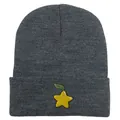 Bonnet en tricot gris avec broderie étoile jaune et petit détail de feuille verte - 54-60cm / Gris Chiné Foncé