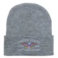 Detail of white embroidery for United States 250th anniversary on gray knitted beanie - Light Heather Grey