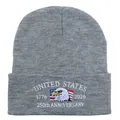 Detailed embroidery of US Marine Corps 250th Anniversary logo on a gray knit beanie - Light Heather Grey