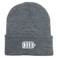 Detailed close-up of dark grey knitted beanie showing high-quality battery embroidery - 54-60cm / Medium Heather Grey