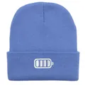 Purple knitted beanie with white battery embroidery on ribbed cuff for cold winter days - 54-60cm / Cyan Blue