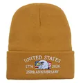 Detailed embroidery of US Marine Corps eagle on 250th anniversary yellow knit beanie - Khaki