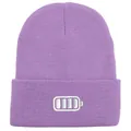 Close-up of lilac ribbed knit beanie with white battery icon embroidery detail - 54-60cm / Light Purple