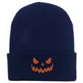 Berretto in maglia blu scuro con motivo a sorriso di zucca di Halloween ricamato in arancione - 54-60cm / Blu navy