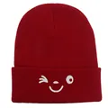 Winter wine red knitted beanie with white embroidered wink face expression - 54-60cm / Burgundy