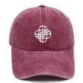 Macro detail of white geometric embroidery on a vintage washed dark red baseball cap - M (56-58cm) / Geometric Pattern Style / Burgundy