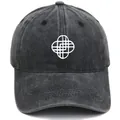 Vintage washed charcoal gray baseball cap with white geometric embroidery for casual wear - M (56-58cm) / Geometric Pattern Style / Black