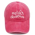 Fuchsia washed cotton baseball cap with white Merry Christmas embroidery and tree - M (56-58cm) / Red