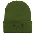 Olive green knit beanie with black winking smiley face embroidery for winter warmth - 54-60cm / Army Green