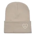 Berretto invernale in maglia beige con ricamo a cuore sorridente bianco - Taglia unica / Beige