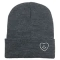 Bonnet gris foncé avec broderie smiley coeur blanc et design à revers plié - Taille unique / Gris Chiné Foncé