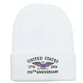 White knit beanie featuring United States 250th Anniversary eagle embroidery 1776-2026 - White