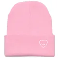 Bonnet en tricot rose avec broderie smiley cœur et large bord replié pour hiver - Taille unique / Rose