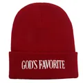 Dunkelrote Strickmütze mit weißer GOD'S FAVORITE Stickerei und Umschlagrand - 54-60cm / Burgunderrot