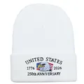 White knit beanie with detailed US Marine Corps 250th anniversary embroidery logo - White