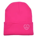 Bonnet en maille rose vif avec broderie smiley cœur blanc sur le bord replié - Taille unique / Rose rouge