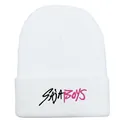 Detailed macro view of SAJA BOYS embroidery on white knitted cuff beanie hat - White