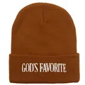Braune God's Favorite bestickte Beanie-Mütze im Rippstrick-Stil für Winterwärme - 54-60cm / Karamellbraun