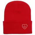 Bonnet en tricot rouge vif avec broderie smiley cœur blanc pour chaleur d'hiver - Taille unique / Rouge