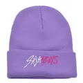 Purple Kpop knitted beanie with SAJA BOYS embroidery and stylish rolled cuff - Medium Purple
